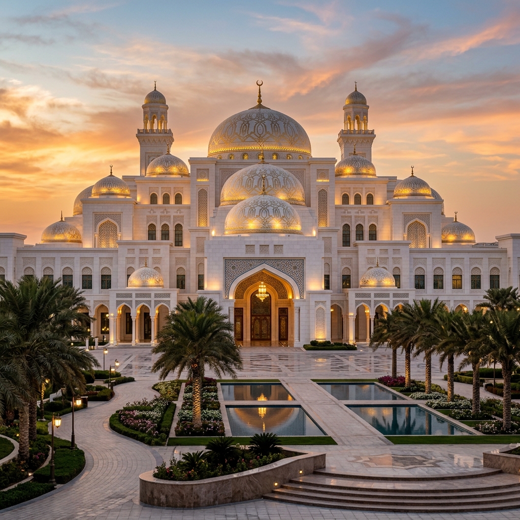 Abu Dhabi skyline at sunset with Sheikh Zayed Grand Mosque